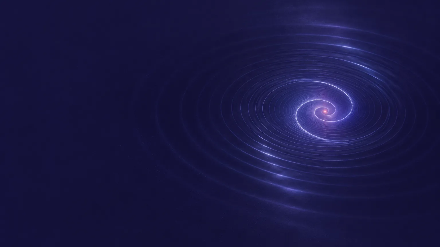 Ondes concentriques lumineuses qui se resserrent en spirale autour d’un point rose, fond violet nuit