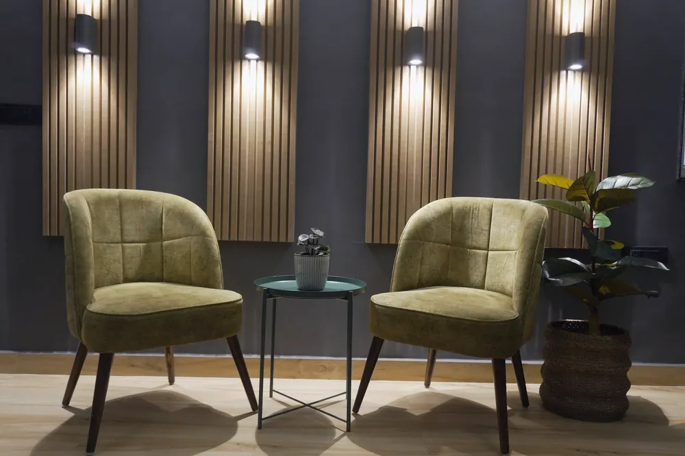 Petite salle d’attente aux panneaux de bois sombre, deux fauteuils verts et une plante